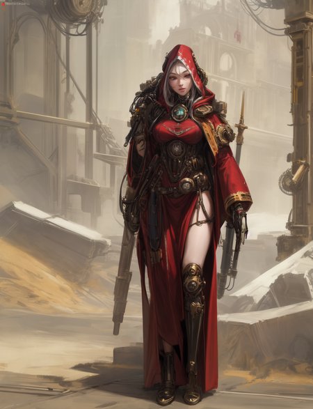 Ultra-realistic 8k CG, masterpiece, best quality, (very detailed face),masterpiece, best quality, 1girl, 20 years old, woman, colorful, (full body, wide shot),  <lora:more_details:0.8>  <lora:techpriest:0.8> mechanical arms, steampunk, hood, robe, techpriest, forgeworld, adeptus mechanicus,