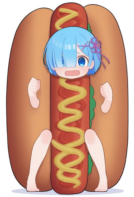 Solo, 1 girl, rem, blue eyes, blue hair, hair ornament, hair over one eye, hair ribbon, short hair, x hair ornament, hot dog costume, @ @, open mouth, wavy mouth, white background, full body, long body,