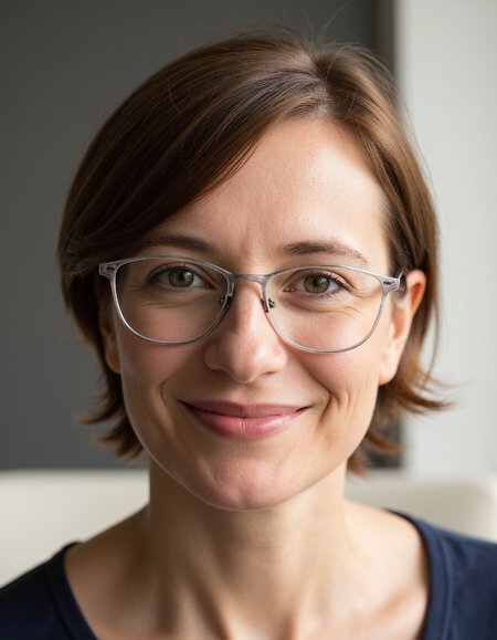 Close-up portrait photography of a female teacher with short brown hair wearing silver-rimmed glasses, soft natural lighting, shallow depth of field, professional studio setting, neutral background, sharp focus on the eyes, subtle smile, 50mm lens, f/2.8 aperture, ISO 200