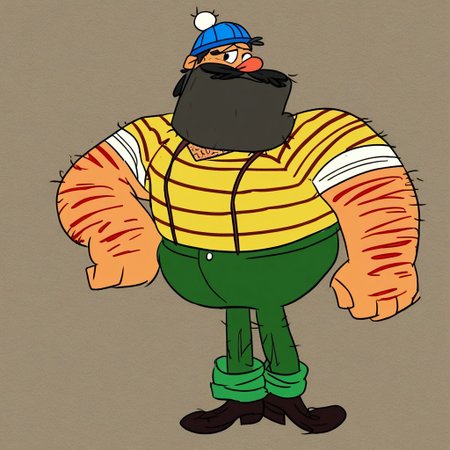 Angus is a large, bulky man who wears a yellow shirt with red stripes, green pants, brown suspenders, white socks, charcoal-colored lace-up boots, and a blue knit cap topped with a white pompom. He also has a beard, a mustache, and hairy arms. zoroj,
