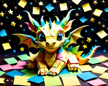 a small cute baby dragon made out of Jed-StickyN laying down on his side asleep, (eyes closed, head down:1.3), dynamic angle, dark fantasy, intricate details, ultra wide shot, zoomed out, front view
<lora:StickyNotesStyle:1>,  <lora:add-detail-xl:0.7>,  <lora:sd_xl_dpo_lora_v1:1>, <lora:xl_more_art-full_v1:0.3>,  set against a  background of a starry sky,