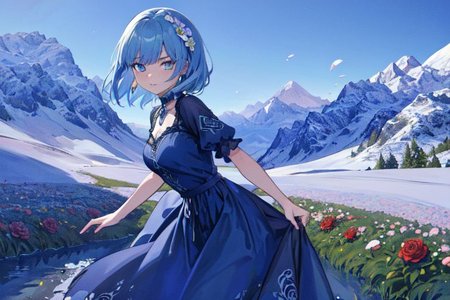 (masterpiece:1.4), 4K8K, (anime style), (high shutterspeed:1.4), (sharp edges), 
plants niji style,
flower rose, 1 woman prey with hands togather, neeling, leaning foward, 
wearing Celtic style dress, (Detailed face, Detailed eyes), 
im lapis lazuli colored roses, Alps in the background,
