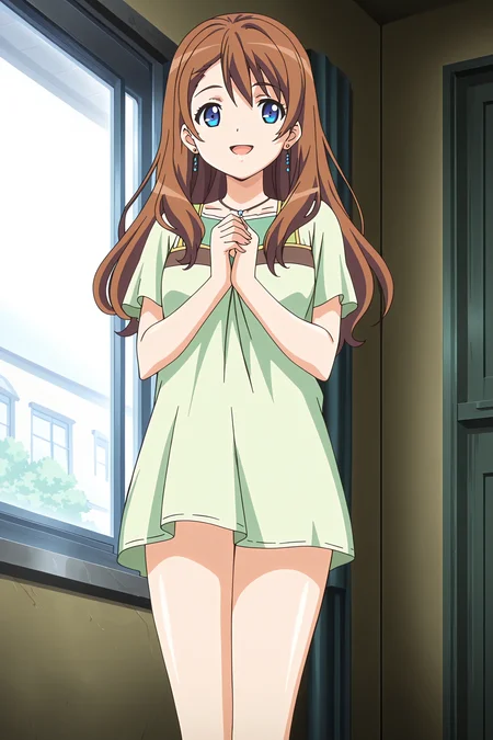 anime screencap, anime coloring, detailed face, masterpiece, best quality, very aesthetic, absurdres, volumetric lighting, official style, amazing quality, ultra detailed,  highres, amazing quality, scenery, beautiful detailed hair, beautiful detailed eyes,
<lora:StS-Illustrious-Detail-Slider-v1.0:4>
<lora:Eroge_H_mo_Game_mo_Kaihatsu_Zanmai_-_All_characters_in_one_model_-_Kisara_Himeno_Momoka_Fujiwara_Iori_Kousaka_Nene_Sonono_Reina_Otori_Remon_Aizawa_Tomoya_Mochizuki:1>,
Remon Aizawa (character), 1girl, solo, brown hair, jewelry, blue eyes, necklace, earrings, smile, window, long hair, open mouth, own hands together, jeans, long green dress, facing the viewer, sweet smile, hair swept, bare legs, no pants