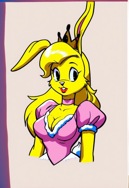 score_9, score_8_up, score_7_up, score_6_up, score_5_up, score_4_up, retro artstyle, BREAK 
LoriJackRabbitPXL, rabbit girl, long blonde hair, yellow fur,1girl, breasts, solo, pink dress, dress, traditional media, cleavage, crown,black eyes, furry, yellow skin, large breasts, puffy sleeves, puffy short sleeves, short sleeves, furry female, makeup, choker,yellow hair, lipstick, marker \(medium\), upper body
<lora:lorijackrabbit-v1:0.9>