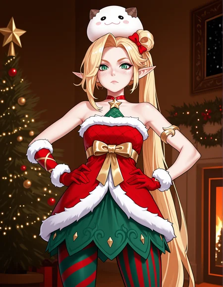 masterpiece,best quality, absurdres, highres,   <lora:Elf Jinx Illu 2:0.9> elfjinxillu, santa costume, red choker, asymmetrical gloves, armlet, asymmetrical pantyhose, striped, freckles, hair bow, standing, looking at viewer, christmas tree, poro on head, hands on own hips,