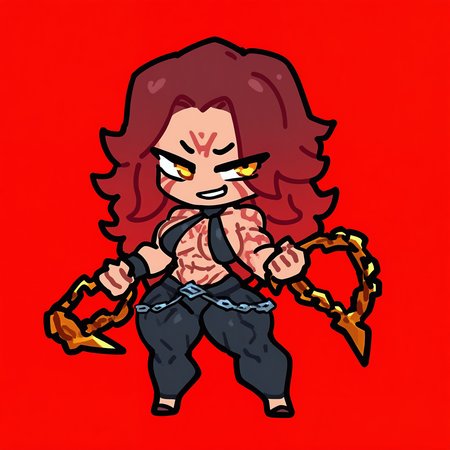 chibi,1girl, solo, long hair, breasts, looking at viewer, smile, simple background, large breasts, holding, navel, bare shoulders, yellow eyes, weapon, multicolored hair, thighs, red hair, pants, holding weapon, grin, muscular, gradient hair, tattoo, halterneck, thick thighs, chain, facial mark, abs, revealing clothes, wristband, red background, breasts apart, smirk, muscular female, facial tattoo, biceps, body markings, breast tattoo, obliques, <lora:Ishikoro_Style_NBV1:0.95> <lora:None:1.0>