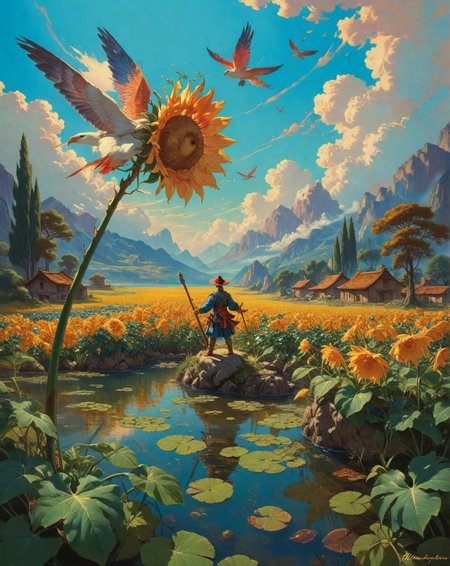 Renaissance style, Baroque, anime artwork Jules Dupre (dramatic clouds), Sunflower plantation at midday, dragonfly over pond scum, hayrick with wooden pitchfork,hazel grouse drumming.,
<lora:Wild_Anime_2025:0.7>,
<lora:风格:0.7> style10,
<lora:extremely_detailed:0.7> extremely detailed ,
<lora:aidmaImageUpgraderSDXL-v0.3:0.5> aidmaImageUpgrader,
<lora:add-detail-xl:0.7>,
<lora:HyperdetailedColoredPencilIl:0.3>  ArsMJStyle, Colored pencil hyperdetailed realism, . anime style, key visual, vibrant, studio anime,  highly detailed, Fantasy painting art style, imaginative, dynamic composition, professional-grade execution, creates immersive world and landscape, painterly, epic, magical, dramatic, exuberant, grandeur, baroque art, oil painting art style from Renaissance period, masterful composition, Renaissance mood, renaissance oil painting, brush strokes, Realistic, perspective, light and shadow, religious or mythological themes, highly detailed