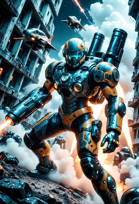 SmoothNoob_Quality, science fiction, mech warrior. sci-fi helmet with light blue tinted visor over face. using a jet pack, (floating:1.2). midair. arm cannon, fighting stance, in a ruined sci-fi landscape. smoke, dust and ash in the air. Alien spacecraft in the night sky above. tracer fire and laser trails illuminate the dark sky, foreshortening, dynamic angle,  <lora:Smooth_Booster_v3:0.75>