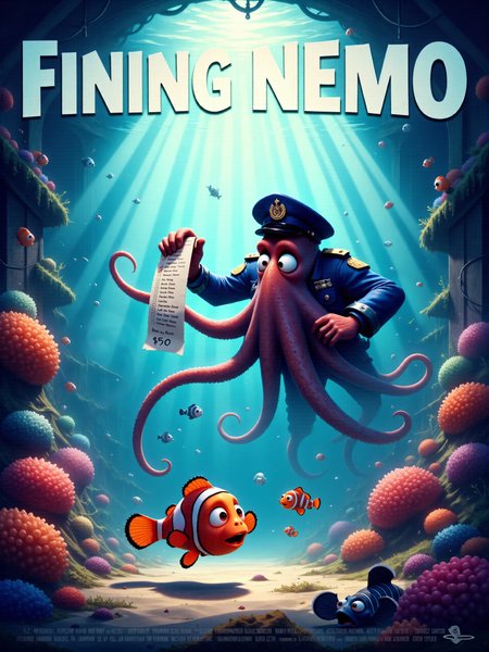 a humorous, detailed movie poster in a vibrant, 3d-cartoon-style with the title text "FINING NEMO" at the top in bold, playful lettering and the movie credits are at the bottom, amidst the vast depths of the ocean, nemo, a small orange clownfish, floats nervously as an ominous octopus officer in a blue police cap towers over him, the officer's eight tentacles are extended, one tentacle wrapped around a large speeding ticket, nemoâs wide eyes are filled with shock and confusion as he faces the viewer, in the background, beautiful towering coral formations and clusters of underwater plants sway gently with the current, the vibrant sea life around them has paused to witness the scene, curious fish and sea creatures peek out from behind the coral, all wearing expressions of disbelief, above them, sunlight filters down through the surface of the water, casting shimmering, dappled light that illuminates the ocean floor, the play of light creates a dramatic and almost surreal underwater atmosphere, the camera captures a wide, cinematic shot, slightly tilted for a dramatic angle, nemo is centered in the foreground, with the imposing octopus and the marine backdrop in the distance, the scene has an exaggerated, cartoonish tone, yet is visually epic and cinematic, the detailed textures of the coral and fish contrast with the absurdity of the situation, lighting is soft but vibrant, with the sunlight creating a glowing blue hue that permeates the water, highlighting the bright colors of the sea creatures and plants, the shadows of the coral and the octopus add depth to the scene, emphasizing the seriousness of nemoâs predicament, the mood is humorous and whimsical, dappled lighting, <lora:image_enhancer-flux-by_dever:0.8> <lora:style-envyfluxsoftbeauty01a-flux:1.0>