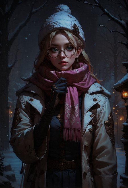 score_9, score_8_up, score_7_up, score_6_up, score_5_up, score_4_up,  1 girl, blonde hair, long hair, crownbraid, snowcap, round eyewear, glasses,  white winter furcoat, snow, standing, in snow, night, solo, bokeh, orange lighting, pink scarf, hand on scarf, green eyes, black gloves, close up, pleading, moonlight, snowing   <lora:sdxl\Concept Art DarkSide Style LoRA_Pony XL v6:0.8>, concept art, realistic, <lora:sdxl\Expressive_H-000001:0.8>, expressiveH <lora:sdxl\pony_OldAnimeStyle_XL_v3:0.4>, 1990s \(style\), vintage <lora:sdxl\sinfully_stylish_SDXL>