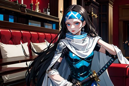highly insanely detailed, masterpiece, top quality, best quality, highres, 4k, 8k, RAW photo, (very aesthetic, beautiful and aesthetic),  
beth_\(megami_tensei\),bethsmtii,shin megami tensei ii,long hair,black hair,straight hair,sleek black,jewelry,cross,headband,red_lipstick,messian_cross_earrings,cross_earrings,religious_earrings,messian_symbol_jewelry,Blue_dress,armored_corset,blue shirt,bandana_with_messian_symbol,Religious_bandana,symbol_headband,messian_church_bandana,white cape,cape_with_messian_symbol,Religious_cape,messian_symbol_cape,holy_knight_cape,katana,sword,Tokyo_Millennium,post-apocalyptic_city,dystopian_world,Valhalla,gladiator_tournaments, 
<lora:zs_Beth:0.5>, 
(1girl:1.3), 1other, 
hotel lobby interior,maroon background,âââ