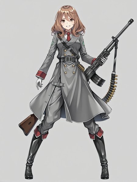 masterpiece,best quality,newest,
1girl,solo,
<lora:rail_clave_ilxl_v1.2:1>,rail_clave,brown hair,brown eyes,r_uniform,red necktie,ä¸ï·¿åå¸,military uniform,white gloves,grey pants,knee boots,belt,<lora:Fixhands_anime_bdsqlsz_V1:1>,machine gun,ammunition belt,looking_at_viewer,full body,simple_background,white_background,standing,holding,grin,spread legs,