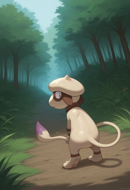 pokemon \(classic anime\), 
best quality, masterpiece, amazing quality, very aesthetic, absurdres, 
1boy, solo, no humans, 
from behind, looking back, 
smeargle, pokemon \(creature\), 
outdoors