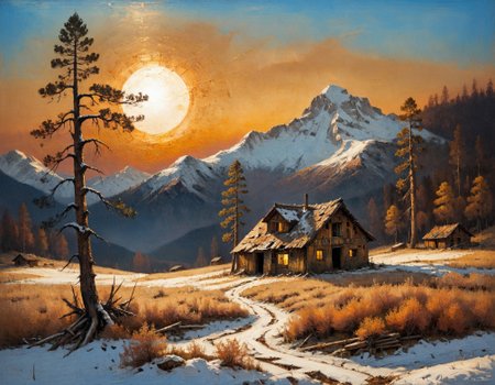 masterpiece, best quality, ultra-detailed,  elegant, snowy landscape, mountains, pine trees, abandoned wooden shack, golden hour,  <lora:add-detail-xl:0.7> <lora:xl_more_art-full_v1:0.7>  <lora:sdxl/nicola_samori_dark_art_style:0.7> in the style of Nicola Samori