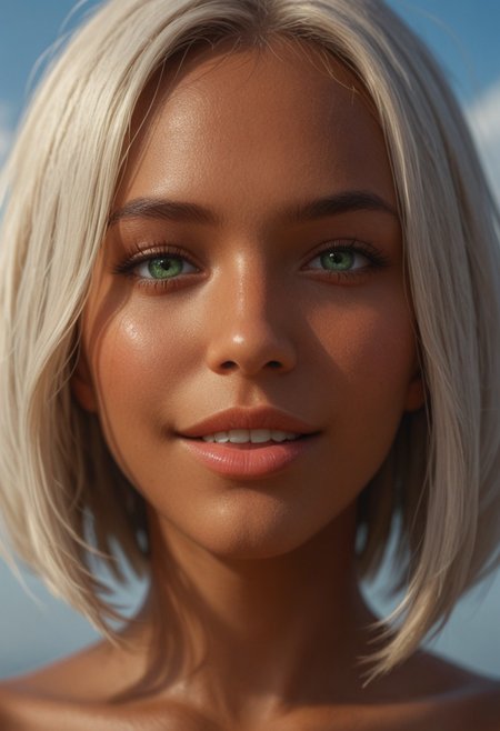 score_9_up, score_8_up, score_7_up, score_6_up, 1girl, 25 years old, perfect face, sexy, adult,
detailed face, portrait, face focus, depth of field, looking at viewer, blush, shy smile, ((close-up)),
(green eyes:1.2), 
(dark skin), 
white hair, bob cut, parted lips, open mouth, 
sky,