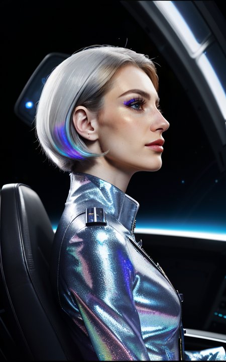 (beautiful busty skinny british woman sitting in spaceship cockpit looking over shoulder at viewer:1.2), (cute face, over the shoulder:1.1), (movie still:1.1), side view, (spaceship cockpit:1.1), glowing holographic instruments, (beautiful face:1.11), from behind, smart fabric flightsuit:1.1, lightweight structured jacket with sharp geometric lines, utility belt, kneehigh boots, fingerless gloves, (large spaceship cockpit with highly polished flooring and stellar view), backlit hair, perfect face, feminine physique, (pale freckles:0.6), (black and silver accents), perfect eyes, low key, joystick++, thin pouting lips, (white++ bob hair, ombre tips:1.2), wide set soft+ turquoise++ eyes, skin pores, (small retrousse nose:1.2), (pale skin), supernova, dramatic angle, eyelid shimmer makeup, silver eyeshadow, iridescent cheekbones, muted rose lips, deep space blue, (available light:0.7), BREAK, starlight silver, nebula pink, black hole black, planetary rings, asteroid clusters, geometric shapes, angular contours, Holographic control panels, chiaroscuro effects, reflective surfaces, starfilled skies, distant galaxies, shimmering surfaces, iridescent scifi materials, clean lines, modernistic details  OverallDetail HairDetail
