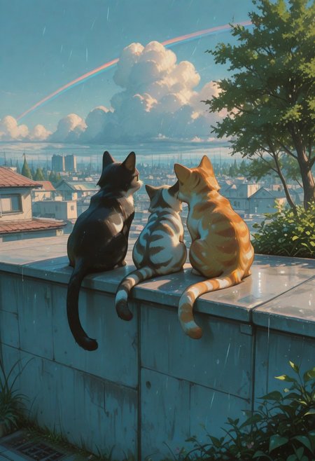 rain, rainbow, multiple cats, domestic cat, four cats, orange tabby cat, calico cat, black tabby cat, white tabby cat, striped kitten,
on rooftop, sitting in a row, back view, tail hanging down, tail down,
sunny day, soft shadows, warm lighting, vibrant colors, slice of life, serene_mood,
bluesky, white clouds, urban rooftop, concrete wall, plants in foreground, tree, open air, peaceful afternoon,   
masterpiece, amazing quality, best quality, scenery, painterly, anime coloring
