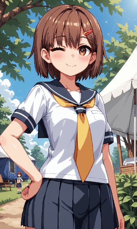 score_9, score_8_up, score_7_up, BREAK source_anime, masterpiece, anime screencap, shiny skin, official style, illustration,
8k, highres, incredibly_absurdres,
insanely detailed, anatomically correct, best perspective,
<lora:Aduare Style Pony:0.35>,
pixel art,
1girl, (Beautiful Breasts, natural breasts:1.2),
smile, one eye closed ,
selfiemirror,
from below,
sharp focus, colorful,
blush, Drunk ,
facing viewer ,
hand on own hip ,
standing ,
short hair, flat chest, brown eyes, hair ornament, brown hair, hairclip, bangs, 
school uniform, skirt, serafuku,short sleeves,yellow neckerchief, pleated skirt, black skirt, shirt, sailor collar,
In the park, in the woods, in a tent,
<lora:Summer_Memoriesãã¾ããã¼_Doujin_OtomeHentai_Game_Art_Style:0.85>
