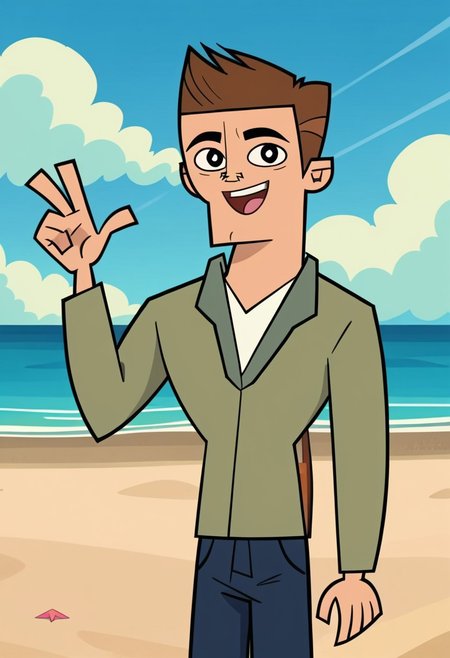 Score_9, cartoon source, toon source, DON, 1boy, solo, Brown hair, black eyes, thin eyebrows, black pupils, round pupils, light green shirt, white shirt, blue pants, happy, beach, blue sky, sunny.