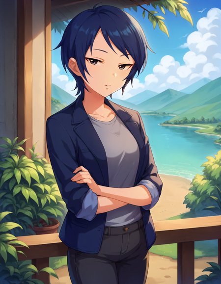score_9,score_8_up,score_7_up,1girl,solo,cowboy shot,looking at viewer,parted lips,outdoors,
<lora:wakuirumi_ponyXLV6:0.8>,cgwr,
blue hair,short hair,black eyes,
blue jacket,grey shirt,pants