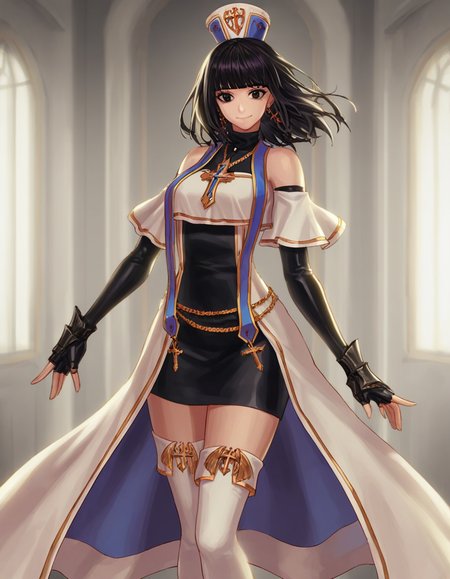 masterpiece,best quality,1girl,STANDING,cowboy shot,black eyes,looking at viewer,closed mouth,smile,indoors,<lora:nmpix___simulate:0.8:LBW=KEEPCHAR>,yjnaima1,hat,MEDIUM hair,messy hair,black hair,bangs,blunt bangs,jewelry,earrings,cross,breasts,dress,black skirt,pencil skirt,WHITE coat,black gloves,fingerless gloves,elbow gloves,detached sleeves,short sleeves,bare shoulders,white thighhighs,high heels,