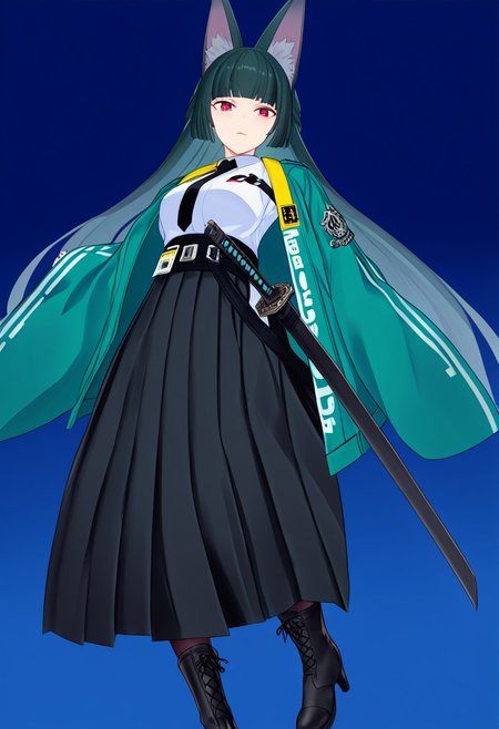 score_9, score_8_up, score_7_up, score_6_up, score_5_up, score_4_up, source_anime, solo, 1girl, 
Hoshimi Miyabi, miyabi, red eyes, green jacket, necktie, black necktie, white shirt, id card, hakama skirt, pantyhose, katana, high heel boots, 
masterpiece, best quality, very aesthetic, absurdres,