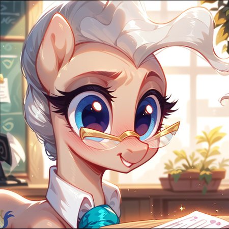 rating_safe, score_9, score_8_up, score_7_up, pony, feral, cute, Mayor Mare, 1girl, non-human, glasses, blue eyes, beige skin, quadruped, animal, pony, gray hair, tail, indoors, pretty face, curvy and petite, heavy blush, light makeup, volumetric lighting, vivid colours, detailed, shiny