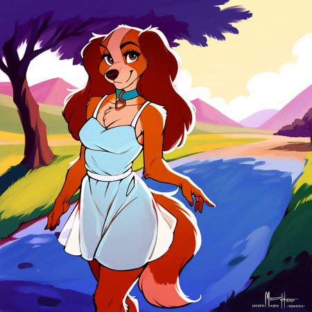 score_9,score_8_up,score_7_up,score_6_up,score_5_up,  \(ladyandthetramp\),  <lora:LadyPny:0.6>, (rating safe),(source furry),   anthro, furry female, outside, sundress, field, anime style, detailed fur,  <lora:PDXL_artist_tags_v2_big:1>, by meesh, anthro cocker spaniel, collar, by inu-sama, looking at viewer, medium breasts, walking