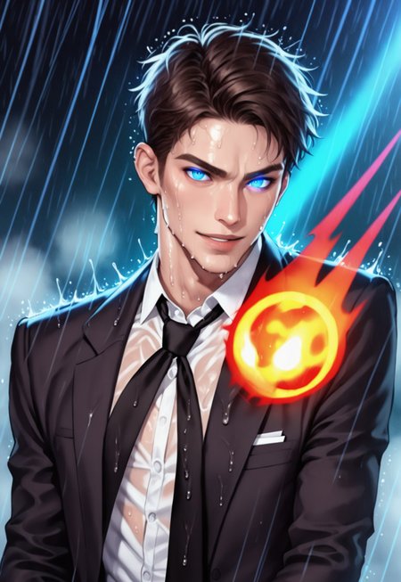score_9, score_8_up, score_7_up, 

1boy, A dark-haired male protagonist with an intense, confident smirk, in the rain, under a stormy sky. Blue eyes, piercing blue eyes, glowing eye, ominously glowing eye, partially obscured by deep shadows across his face. black suit, partially unbuttoned, revealing a white shirt, griping loosened black tie, black tie, loose black tie, dark energy, dark energy swirl around him, powerful, mystery, antihero, 
Rain, dramatic, motion, dynamic scene, wet skin, wet clothes, calm expression, deadly, enigmatic aura.

blurred background, blurry background, stormy environment, dominant, isolation, strong, confident,

emerging from the darkness, perfect quality, high quality, photorealistic, sitting BREAK orange and blue hue, (abstract:0.2), 
