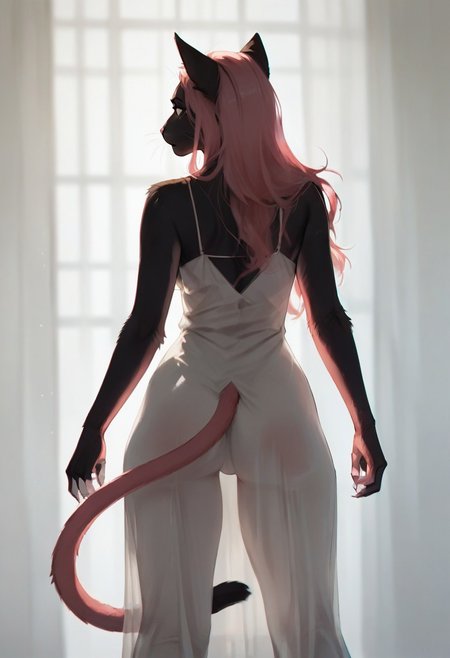 score_9, score_8_up, score_7_up, score_6_up, score_5_up,  wtsstadamit, silhouette, dress, 1girl, furry, anthro cat, cat ears, cat tail, fur, fur covered, long hair, curvy, thick thighs, see-through, pink hair, grey eyes, from behind,
