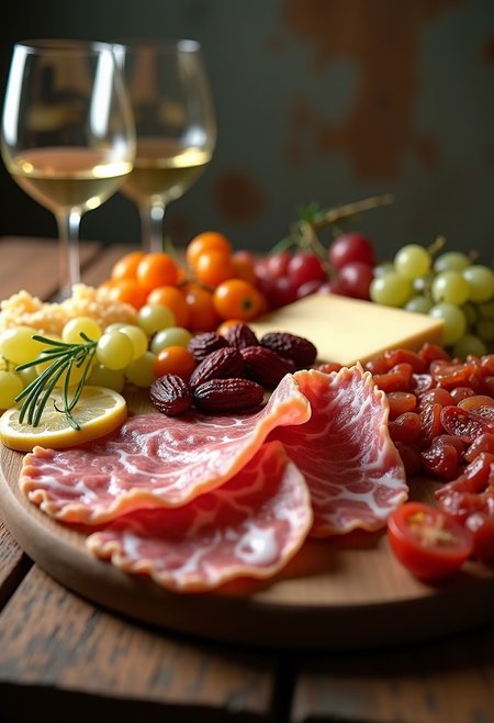 FIRST - A fancy Charcuterie board, beautiful, mouthwatering cold cuts, cured meats, various types of cheese, grapes, sundried tomatoes, a couple of glasses of white wine on the table, dynamic angle, relaxing atmosphere,
Photorealistic, Highly detailed, masterpiece, 4k, high resulution, great lighting, depth of field,