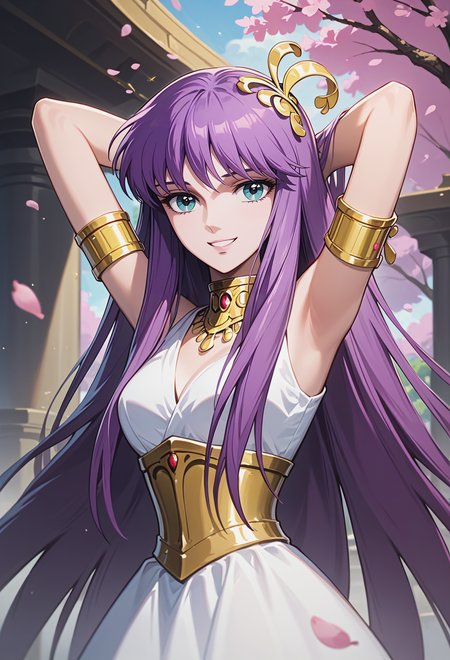 score_9, score_8_up, score_7_up, best quality, intricate details, source anime BREAK masterpiece,
<lora:SaoriKido_Pony_v11-12:1> athenakido, purple hair, aqua eyes,  sleeveless dress, athena_accessories, armlet,
smile, headshot, Placing hands behind head,
serene courtyard with cherry blossom trees in bloom,