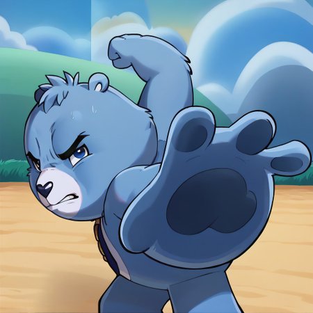 score_9, solo, grumpy_aical, bear, blue fur, rain cloud with hearts belly badge, blue eyes, furry, angry, IncrsPunchMeme, incoming punch