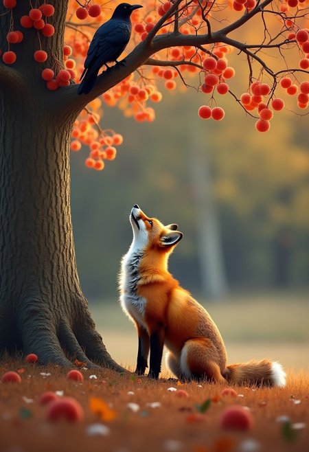 a red fox looking up at a rowan tree in the autumn, raven sitting in the tree, rowan berries in the tree looks appetizing, seen from distance,