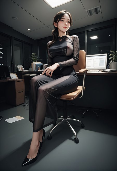 1girl,,ruanyi0926,black dress,long sleeves,side perspective,long skirt,see-through,covered nipples,taut dress,
cowboy shot,
,ruanyi0922,indoors,office,night,
sitting,chair,stiletto heels,<lora:0926 Home wear 7_v1_pony:0.7>,<lora:0922 office_v1_pony:0.8>, score_9, score_8_up, score_7_up, score_6_up, score_9, score_8_up, score_7_up, score_6_up source_anime, blush, 1girl, seduce smile, perfect body , natural huge breasts