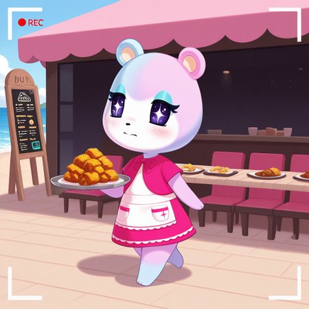 best quality, masterpiece, Full Body, Romantic, Small, Body, Furry, judyac, animal crossing, 1girl, solo, furry, bear, two-tone fur, light pink fur, light blue fur, white muzzle, purple eyes, star pupil, blush, blue eyeshadow, pink dress, beach, restaurants, serving food, carry tray, walking, outside lobby, board walk, beach chair, beach table, umbrella, recording, sign of buzz, sign said buzz food menu