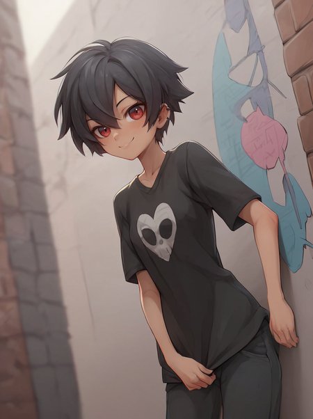 score_9, score_8_up, score_7_up,score_6_up, score_5_up, 1girl), source_anime, BREAK, 1girl, sexy, dark black hair, red eyes, hair between eyes, small breasts, few evil smile, makeup, urban graffiti background, black emo outfit