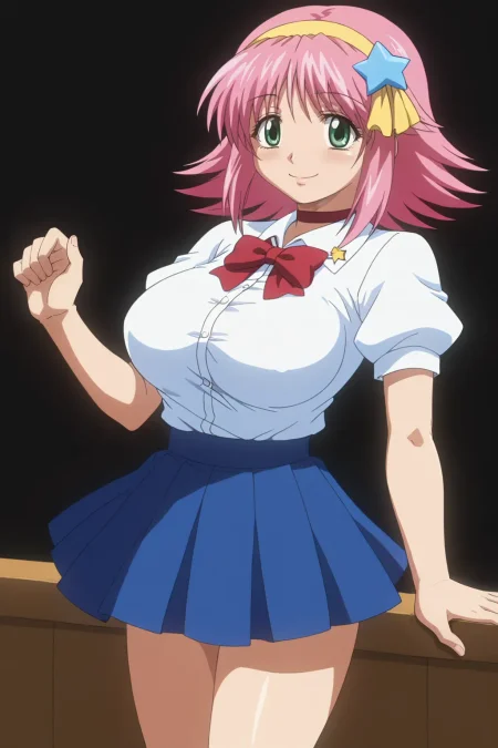 score_9, best, masterpiece, uncensored,
1girl, solo, smile,
(Shiorin:1.2), breasts, large breasts, white collared shirt with short puffy sleeves, dark blue pleated skirt, red neck bow, simple red choker, star accessory on shirt collar,
yellow hairband with blue star accessory and yellow ribbon,
flipped hair,
<lora:FamiresSenshiPuddingShiorin_V2:0.8> <lora:FamiresSenshiPuddingOVAStyle_4Rx10E:0.2>​​​
