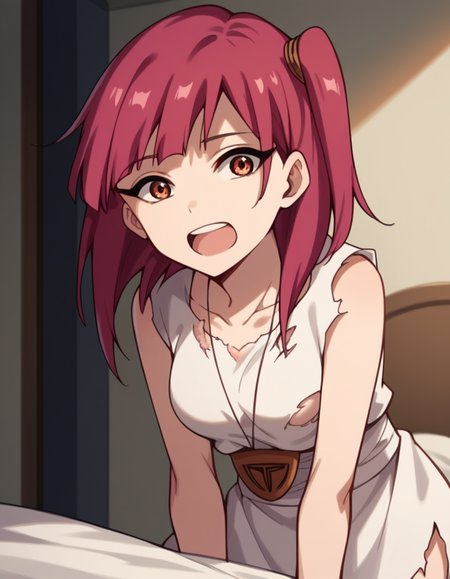 score_9, score_8_up, score_7_up, source_anime, <lora:magi-morgiana-s1-ponyxl-lora-nochekaiser:1>, morgiana, orange eyes, red hair, one side up, medium breasts,, dress, sleeveless dress, collarbone, necklace, torn clothes, torn dress,, bedroom, alarm clock, morning routine, yawning, stretching, on bed,, smile, hands behind back, bent over,, looking at viewer, solo,, dutch angle, cowboy shot