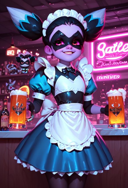 score_9, score_8_up, score_7_up, score_6_up, (g0th1c, glowing, neon lights), high quality, morimee_style, cute face, Expressiveh,  1girl l, solo, (Puppeteer, short female, purple skin, colored skin, pink sclera, colored sclera, golden-brown eyes, black hair,hair pulled back into two ponytails,  white hair, light blue hair, multicolored hair, two ponytails, two upper front buck teeth,, flat chest, (((, maid dress, , maid headdress, mask, domino mask, blue dress, black edges on dress,  shoulder pads, puff sleeves,  two points at the skirt top,  black fingerless gloves, black pantyhose,))), waitress, waitress job, Tray on hand, tray, smile, happy, joyful, gigantic jar of beer, looking a view, BREAK, bar, club, drinks, alcohol bottles, chairs, tables