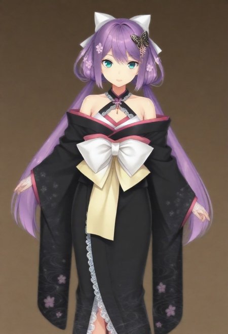 masterpiece, best quality, amazing quality,,, shiny skin,,,,,,,,nijiritsuki,,green eye,purple hair,makeup,long hair,low twintails,butterfly ornament,hair bow,white bow,hair flower,nijiritsukicos,black kimono,floral print kimono,frill-trimmed kimono,lace-trimmed kimono,off shoulder,bare shoulder,x-cross halterneck,long sleeves,wide sleeves,long skirt,obi,sash,waist bow,long bow,white lace gloves,long gloves,fingerless gloves,