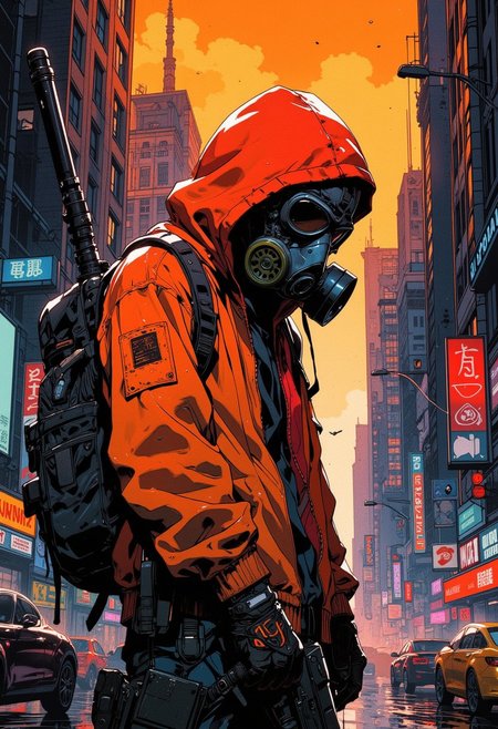 A cyberpunk-style woman in an orange and red hoodie with a black backpack, wearing a gas mask, aiming a futuristic rifle, street of a big city, with skyscrapers in the background, orange rain clouds, in the style of cyberpunk art, digital art, high resolution, best quality, cinematic lighting, hyper-realistic, hyper-detailed