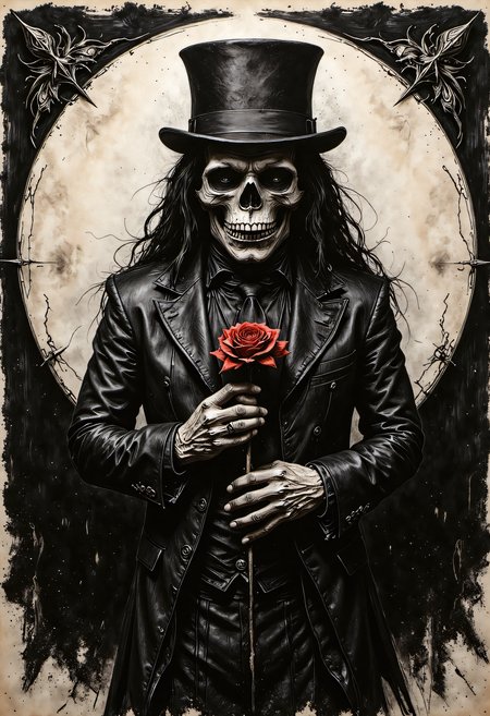 devast8,rbcharcoal,visually stunning magical energy in a vacuum, "long haired Skeleton in a Tophat holding a red rose" by Clive Barker,expressive, emotional
