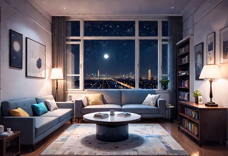 ((front view)), Shallow scene, ((animation style)), modern-style interior, with white walls, (large windows), a  study, Sofa, coffee table, bookcase, single wall, (gloomy room), Turn off the indoor lights and turn on only the desk lamp, quiet and mysterious night sky, starry sky, moonlight, city night view, (City high-rise building scenery), (City scenery outside the window)