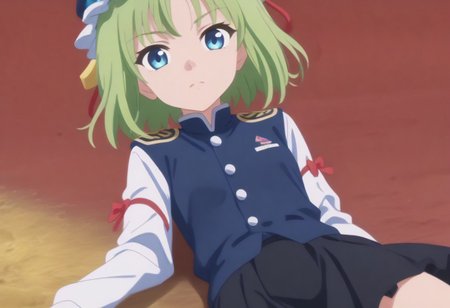 1girl, solo, solo focus, highres, absurdres, shikieiki, green hair, frilled hat, blue eyes, blue headwear, short hair, bangs,
long sleeves, black skirt, white shirt, blue vest, red ribbon, epaulettes, small breasts, arm ribbon, buttons, 
looking at viewer, lying, on back, 
spider lily, flower field, night sky, red sky, dark, red theme,