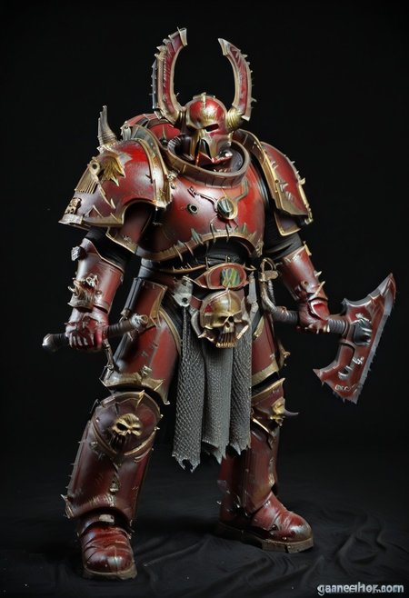 Score_9_up, absurdres, Source: GamesWorkshop, best quality, expressive eyes, perfect face, space marine, World Eaters Traitor Astartes Chapter Exalted Eightbound Berserker holding a chainsword, red armor, spiked horned astartes helmet, full body, volumetric lighting project unreal engine, mantisdetailerse, <lora:warhammerAdeptus_v1:0.7>,