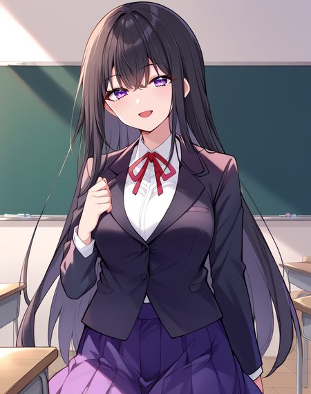 ning_yixue, black hair, long hair, purple eyes,  white shirt, shirt, neck ribbon,  black jacket, purple skirt, red ribbon, school uniform,  BREAK  indoors, classroom BREAK looking at viewer, sexy face, sexy smile, open mouth, cowboy shot,  BREAK score_9, score_8_up, score_7_up, source_anime ,zPDXL, perfect hand,  <lora:Ning_Yixue:0.8>