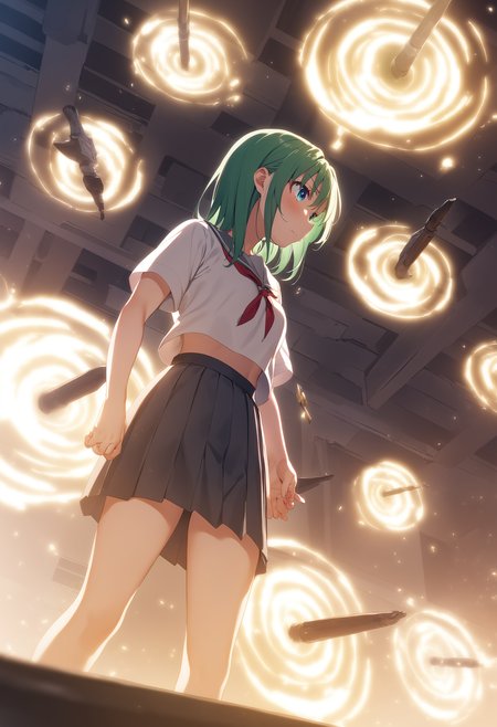 1girl,sincos, ningen mame, toosaka asagi,solo,medium breasts,school uniform,
gate of babylon, floating weapon, multiple weapons,glowing,<lora:gateofbabylon_XL_v1:0.7>
ceiling, wide shot, looking away, confused, aqueduct, closed mouth, single hair,, green hair,
best quality, very aesthetic, absurdres,