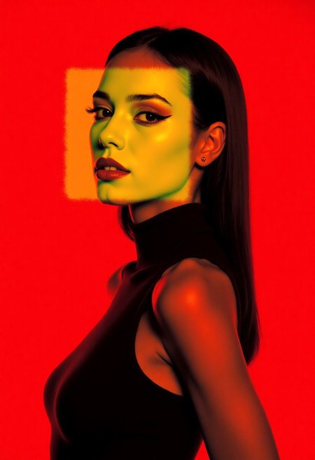 Modern Dreamcore Dark Fantasy,, High quality, ultra-detailed, digitally manipulated photograph, bold color contrast, modern minimalism — The image features a South American woman with warm, rich brown skin, captured in high contrast black and white, set against a solid, vibrant crimson background. A striking yellow geometric overlay, resembling a square, covers the left side of her face, contrasting sharply with the monochromatic tones of the photograph. She wears a black sleeveless top, and her sleek, straight hair falls just below her shoulders. Her eyes, defined with bold eyeliner and long lashes, convey an intense yet playful expression, while her lips, slightly parted, are painted with soft peach lipstick. The yellow overlay has a soft, faded effect, blending seamlessly with the background, adding a graphic, contemporary flair to the image. The composition is sharp, dynamic, and clean, with an emphasis on color contrast and modern graphic design elements.