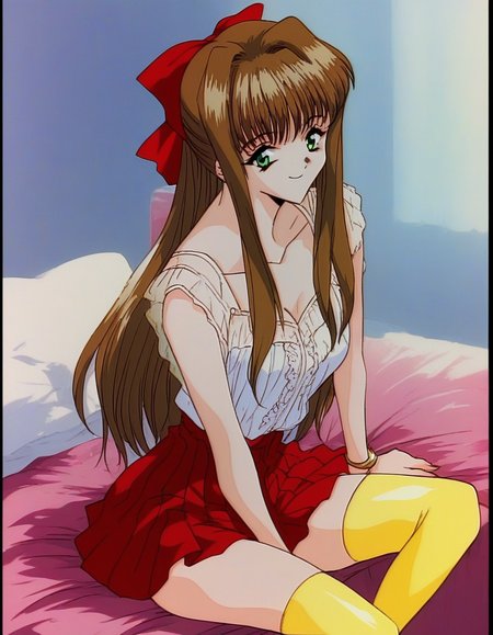 score_9, score_8_up, score_7_up, source_anime, rating_explicit, BREAK  <lora:Imouto_SG_XL:1>Imouto_SG, brown hair, long hair, hair bow, green eyes, red bow, bangs, breasts,
1girl, solo, Yellow thighhighs, sitting, white no sleeve, jewelry, bracelet, red skirt,  bow, smile,  ribbon, looking at viewer
bed room,